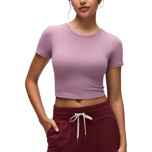 image:imageCRZ YOGA Softembrace Crewneck Crop Tops for Women  Casual Going Out Soft Short Sleeve Shirts Basic Fitted Baby TeesLight Lavender
