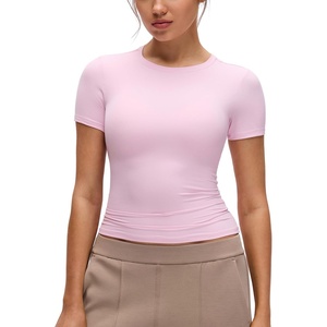 image:imageCRZ YOGA Softembrace High Neck Tops for Women  Soft Casual Going Out Shirts Crewneck Tight Basic Short Sleeve TShirtPink Peony
