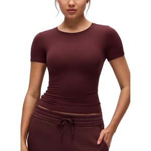 image:imageCRZ YOGA Softembrace High Neck Tops for Women  Soft Casual Going Out Shirts Crewneck Tight Basic Short Sleeve TShirtRed Merlot