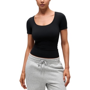 image:imageCRZ YOGA Softembrace Scoop Neck Tops for Women  Casual Soft Going Out Short Sleeve Shirts Sexy U Neck Tight Fitted TeesBlack
