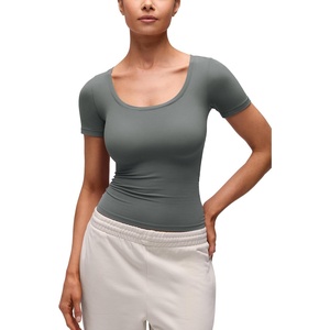 image:imageCRZ YOGA Softembrace Scoop Neck Tops for Women  Casual Soft Going Out Short Sleeve Shirts Sexy U Neck Tight Fitted TeesGrey Sage