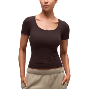 image:imageCRZ YOGA Softembrace Scoop Neck Tops for Women  Casual Soft Going Out Short Sleeve Shirts Sexy U Neck Tight Fitted TeesHot Fudge Brown