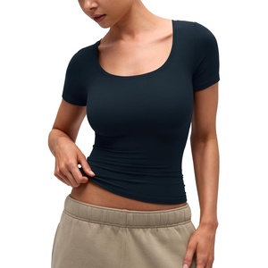 image:imageCRZ YOGA Softembrace Scoop Neck Tops for Women  Casual Soft Going Out Short Sleeve Shirts Sexy U Neck Tight Fitted TeesTrue Navy