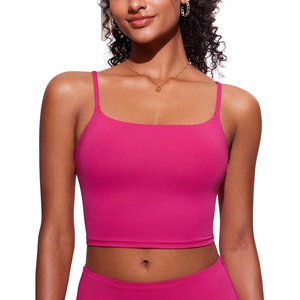 image:imageCRZ YOGA Cami Strap Bikini Tops for Women  Padded Scoop Neck Longline Swimsuit Adjustable Bathing Suit Crop TankiniGranita Pink