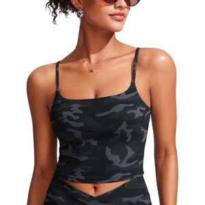 image:imageCRZ YOGA Cami Strap Bikini Tops for Women  Padded Scoop Neck Longline Swimsuit Adjustable Bathing Suit Crop TankiniJungle Camouflage Gray