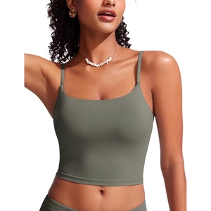 image:imageCRZ YOGA Cami Strap Bikini Tops for Women  Padded Scoop Neck Longline Swimsuit Adjustable Bathing Suit Crop TankiniLight Army Green