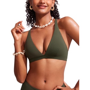 image:imageCRZ YOGA Deep V Neck Bikini Tops for Women  Padded Criss Cross Back Triangle Sexy Swim Bathing Suit BraDark Olive