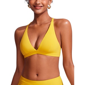 image:imageCRZ YOGA Deep V Neck Bikini Tops for Women  Padded Criss Cross Back Triangle Sexy Swim Bathing Suit BraHigh Visibility Yellow