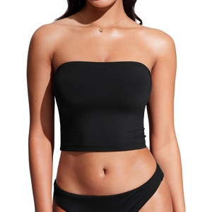 image:imageCRZ YOGA Longline Bandeau Bikini Tops for Women  Padded Strapless Adjustable Spaghetti Straps Swimsuit Bathing Crop TankiniBlack