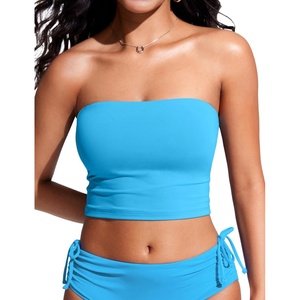 image:imageCRZ YOGA Longline Bandeau Bikini Tops for Women  Padded Strapless Adjustable Spaghetti Straps Swimsuit Bathing Crop TankiniKayak Blue