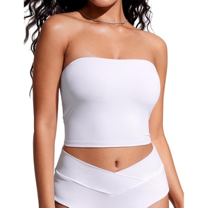 image:imageCRZ YOGA Longline Bandeau Bikini Tops for Women  Padded Strapless Adjustable Spaghetti Straps Swimsuit Bathing Crop TankiniWhite