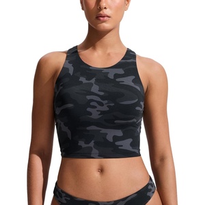 image:imageCRZ YOGA Racerback Bikini Tops for Women  Padded High Neck Modest Swim Sports Bathing BraJungle Camouflage Gray