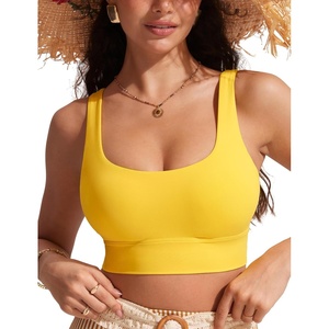 image:imageCRZ YOGA Scoop Neck Longline Bikini Tops for Women  Padded Wide Straps Modest Swimsuit Bathing Suit Sports BraHigh Visibility Yellow