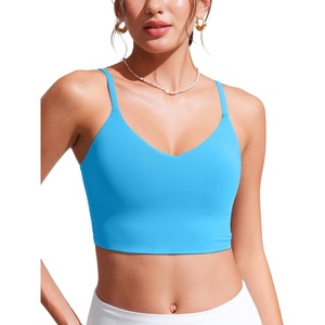 image:imageCRZ YOGA V Shaped Longline Bikini Tops for Women  Padded Cropped Adjustable Spaghetti Straps Swimsuit Athletic Bathing SuitKayak Blue