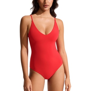 image:imageCRZ YOGA Nexfeel Double Lined V Neck One Piece Swimsuit for Women  Tummy Control Slimming Modest Bathing Suit Non PaddedDeep Red