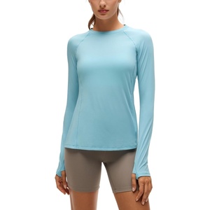 image:imageCRZ YOGA UPF 50 Long Sleeve Sun Shirt  Hiking Light and Sun Protection Classic Fit Hip Length Thumbholes Crewneck Tops for WomenLight Blue