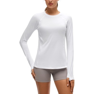 image:imageCRZ YOGA UPF 50 Long Sleeve Sun Shirt  Hiking Light and Sun Protection Classic Fit Hip Length Thumbholes Crewneck Tops for WomenWhite