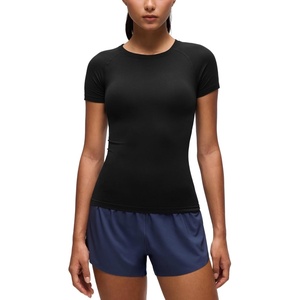 image:imageCRZ YOGA Seamless Crewneck TShirt  Training ChafeFree Slim Fit Hip Length Raglan Sleeves Workout Short Sleeve Tops for WomenBlack